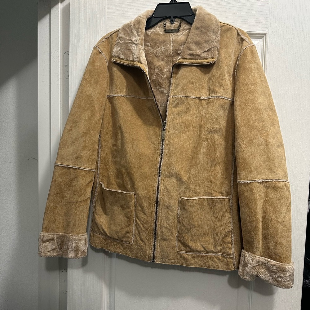 Tan Leather Jacket with Stand-Up Collar and Zip Closure